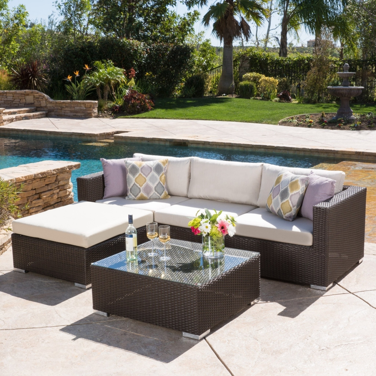 Francisco 5pc Outdoor Brown Wicker/Aluminum Seating Sectional Set With Cushions