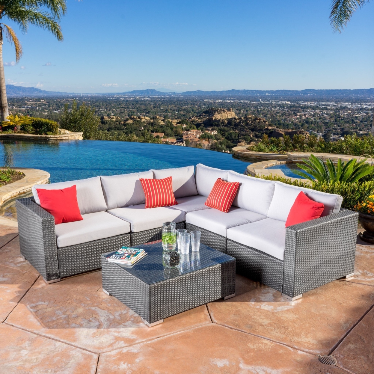 Francisco 6pc Outdoor Grey Wicker Seating Sectional Set With Cushions