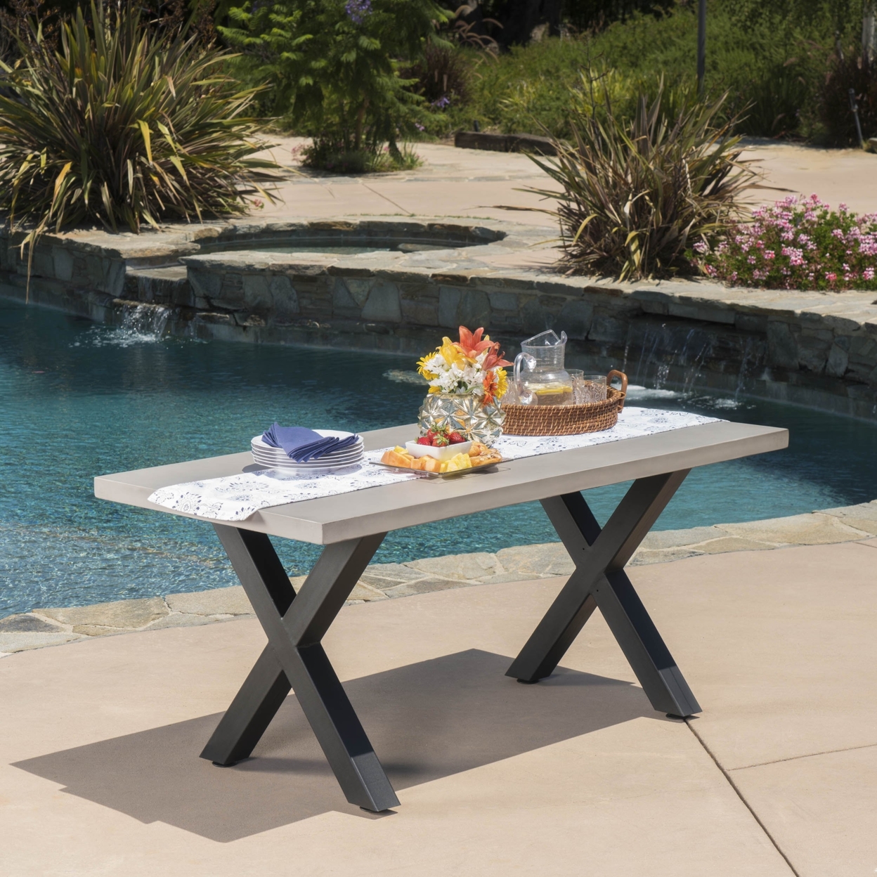 Galatian Outdoor White MGO Dining Table With Black Iron Legs