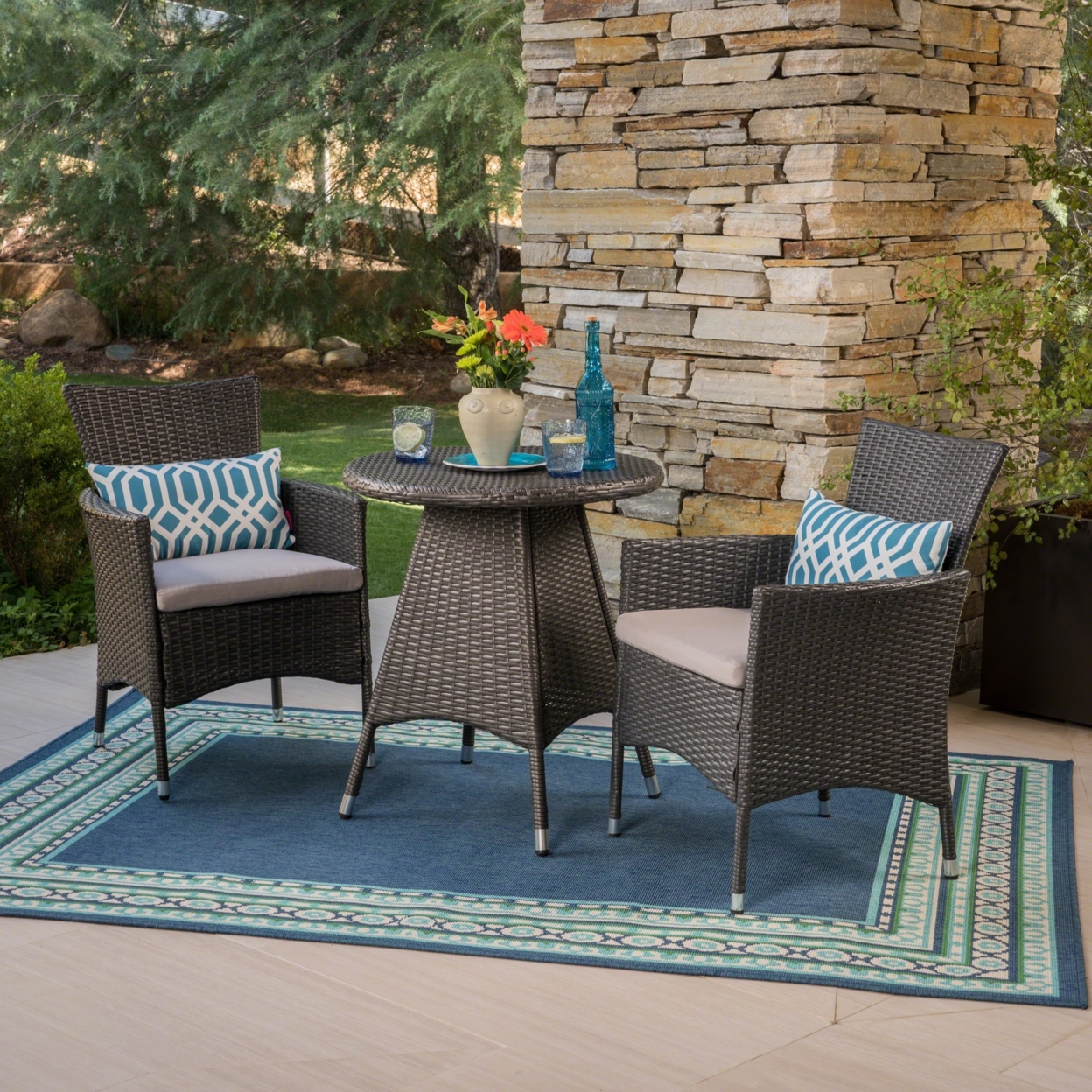 Frank Outdoor 3 Piece Wicker Bistro Set, Grey With Silver Cushions