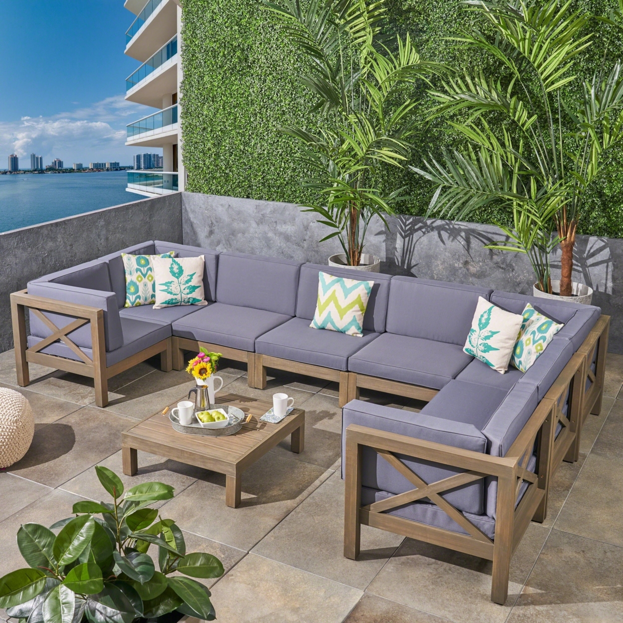 Great Deal Furniture Keith Outdoor Acacia Wood 8 Seater U-Shaped Sectional Sofa Set With Coffee Table