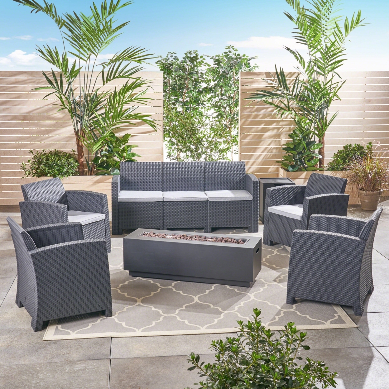 Great Deal Furniture Dane Outdoor 7-Seater Wicker Print Chat Set With Fire Pit And Tank Holder, Charcoal With Light Gray And Dark Gray