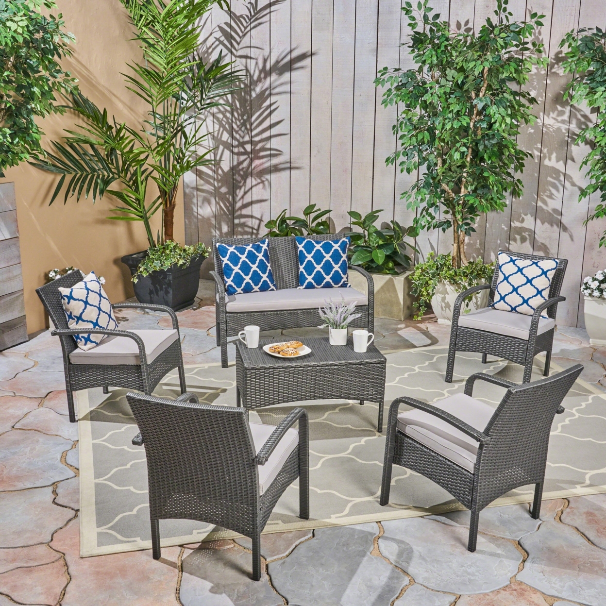 Great Deal Furniture Mavis Outdoor Wicker 6 Seater Chat Set With Cushion, Gray And Light Gray