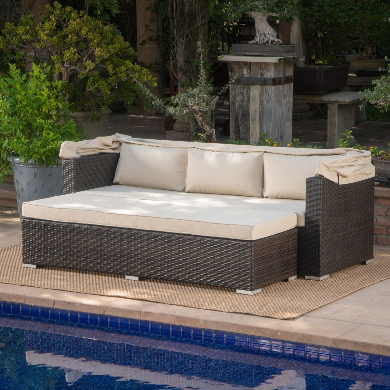 Grayson Outdoor Aluminum Framed Wicker Sofa With Water Resistant Canopy - Beige, Brown Wicker