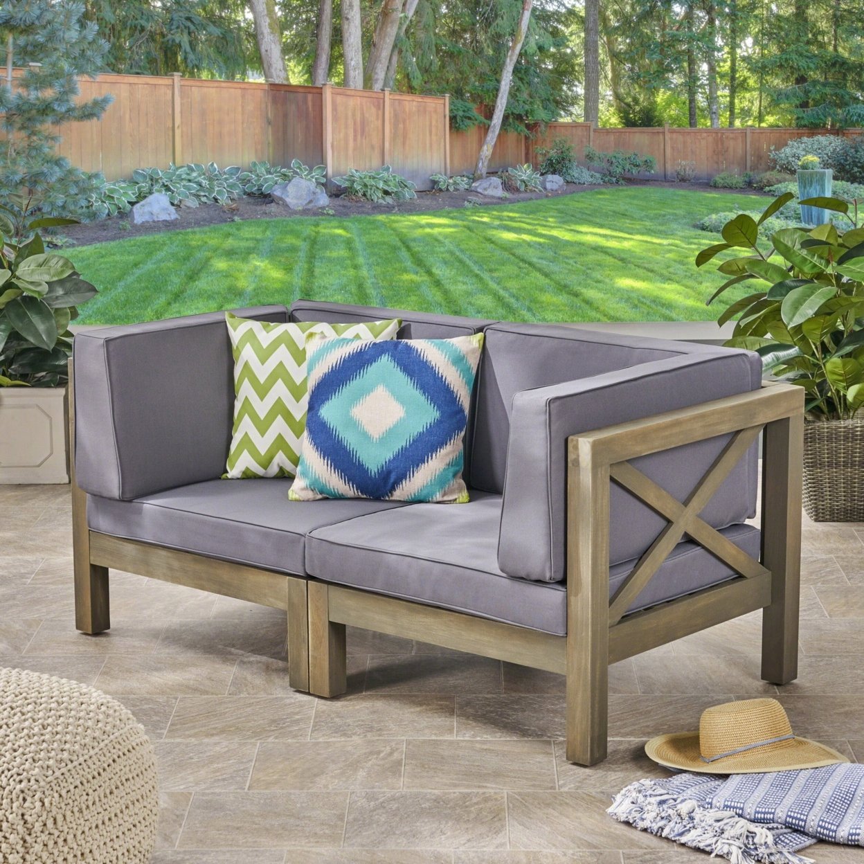 Great Deal Furniture Keith Outdoor Sectional Loveseat Set 2-Seater Acacia Wood Water-Resistant Cushions - White