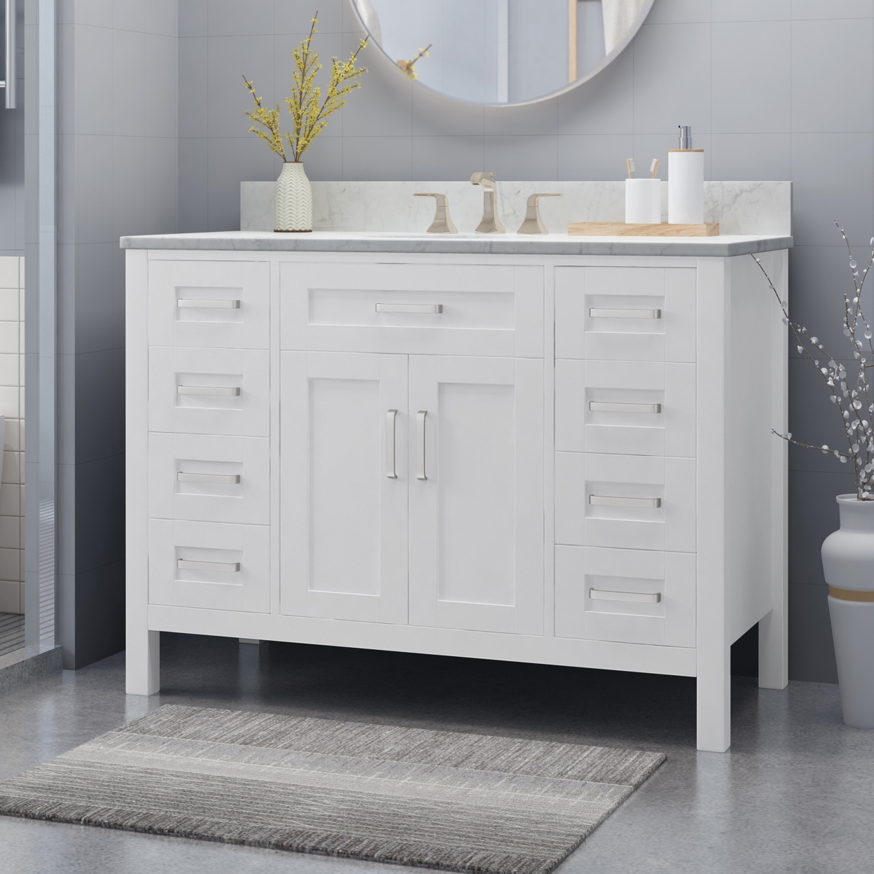 Greeley Contemporary 48 Wood Single Sink Bathroom Vanity With Marble Counter Top With Carrara White Marble - White