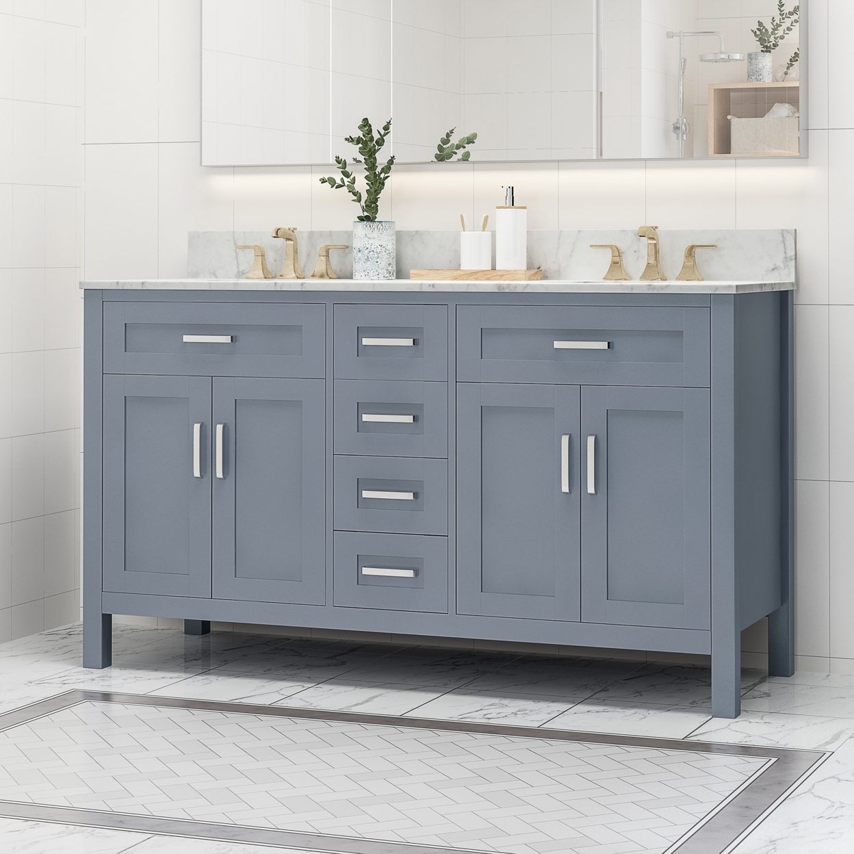 Greeley Contemporary 60 Wood Double Sink Bathroom Vanity With Marble Counter Top With Carrara White Marble - Gray