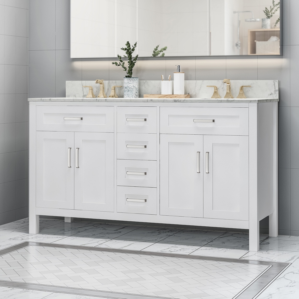Greeley Contemporary 60 Wood Double Sink Bathroom Vanity With Marble Counter Top With Carrara White Marble - White