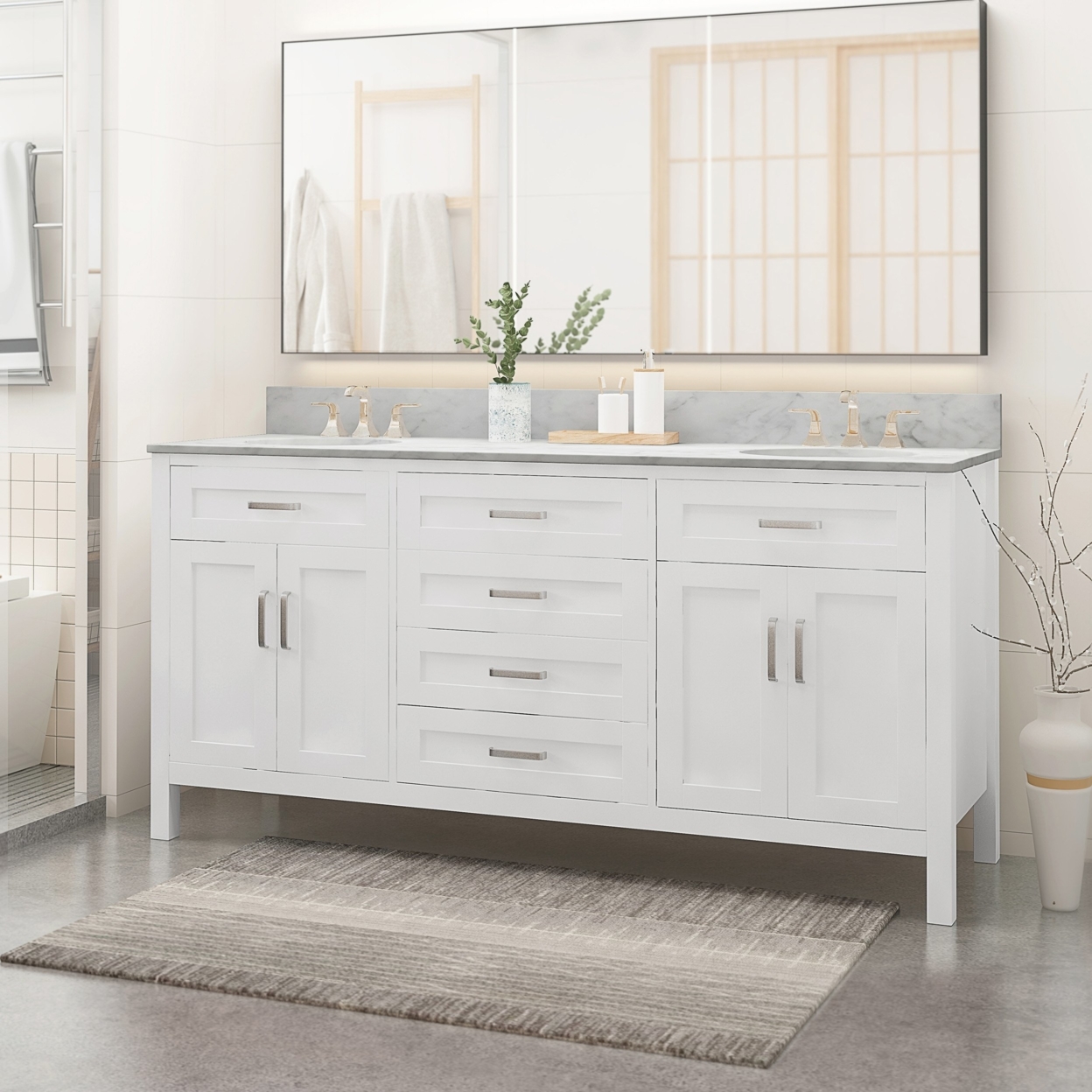 Greeley Contemporary 72 Wood Double Sink Bathroom Vanity With Marble Counter Top With Carrara White Marble - White
