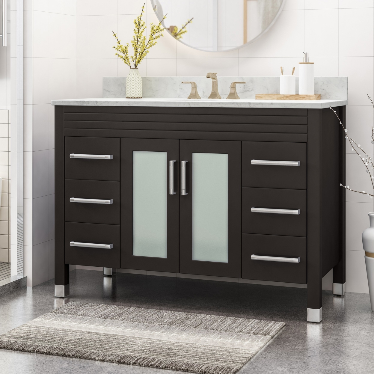 Holdame Contemporary 48 Wood Single Sink Bathroom Vanity With Marble Counter Top With Carrara White Marble - Gray
