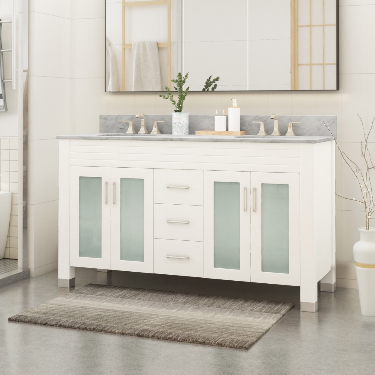Holdame Contemporary 60 Wood Double Sink Bathroom Vanity With Marble Counter Top With Carrara White Marble - White