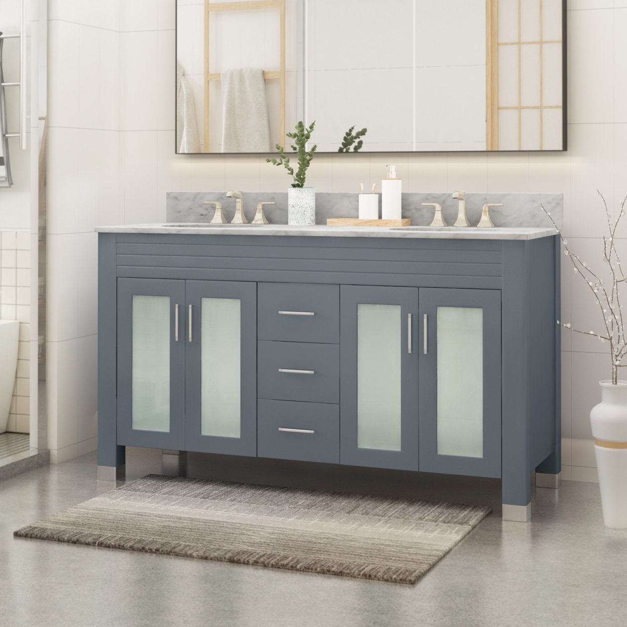 Holdame Contemporary 60 Wood Double Sink Bathroom Vanity With Marble Counter Top With Carrara White Marble - Gray