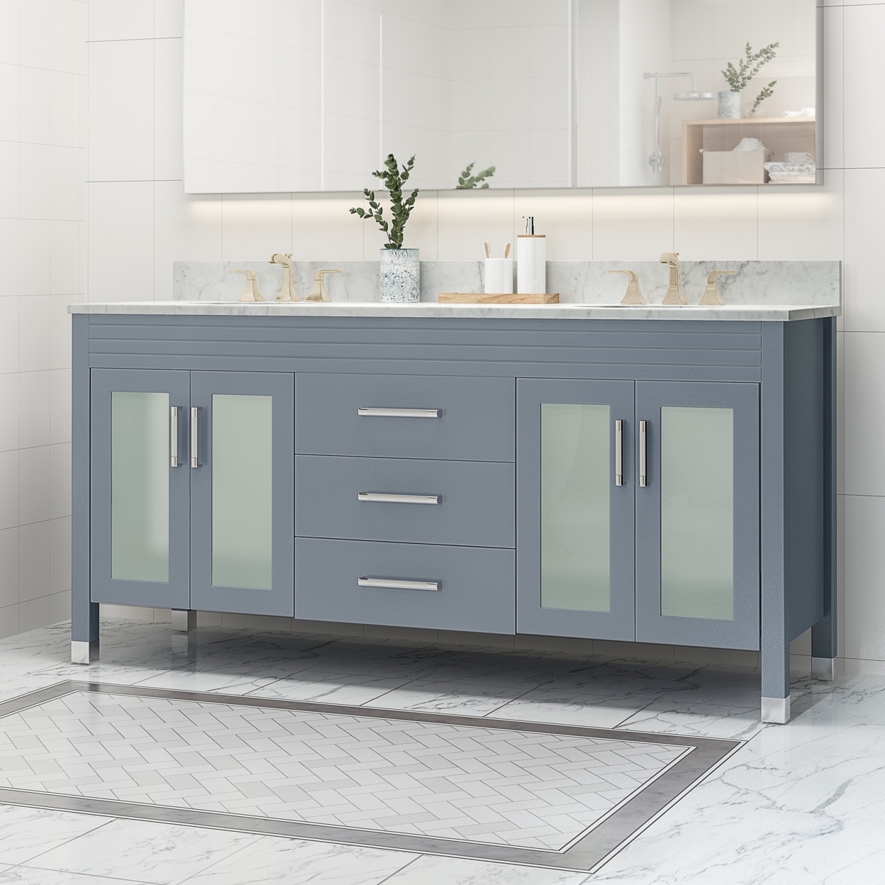 Holdame Contemporary 72 Wood Double Sink Bathroom Vanity With Marble Counter Top With Carrara White Marble - White