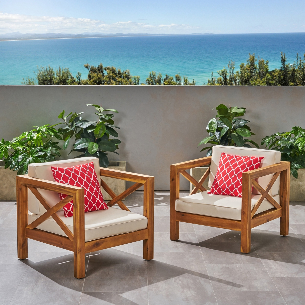 Indira Outdoor Acacia Wood Club Chairs With Cushions (Set Of 2) - Teak + Beige
