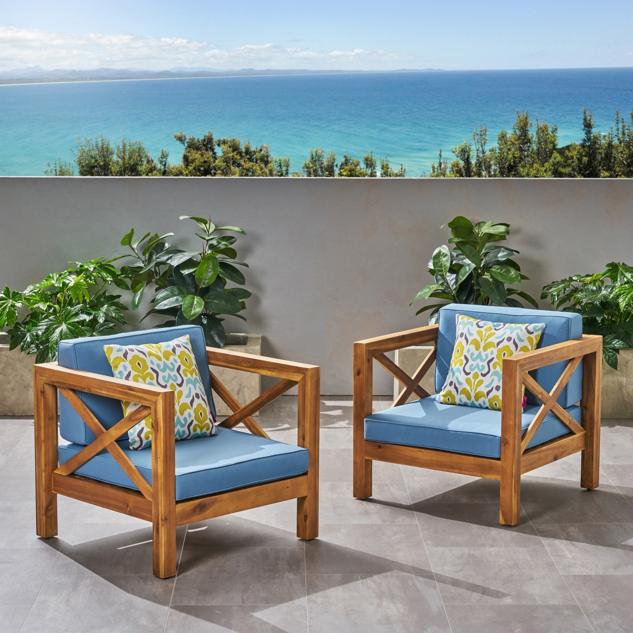 Indira Outdoor Acacia Wood Club Chairs With Cushions (Set Of 2) - Teak + Blue