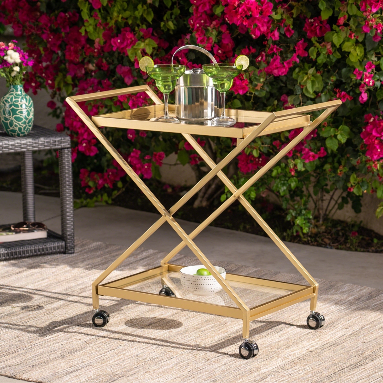 Ishtar Outdoor Powder Coated Iron And Glass Bar Cart, Gold