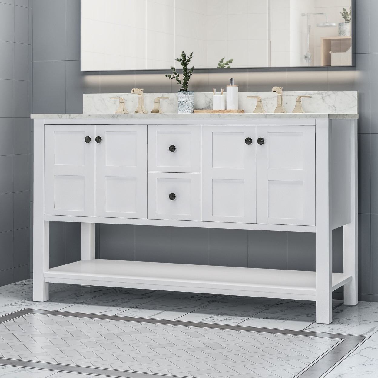 Jamison Contemporary 60 Wood Double Sink Bathroom Vanity With Marble Counter Top With Carrara White Marble - White