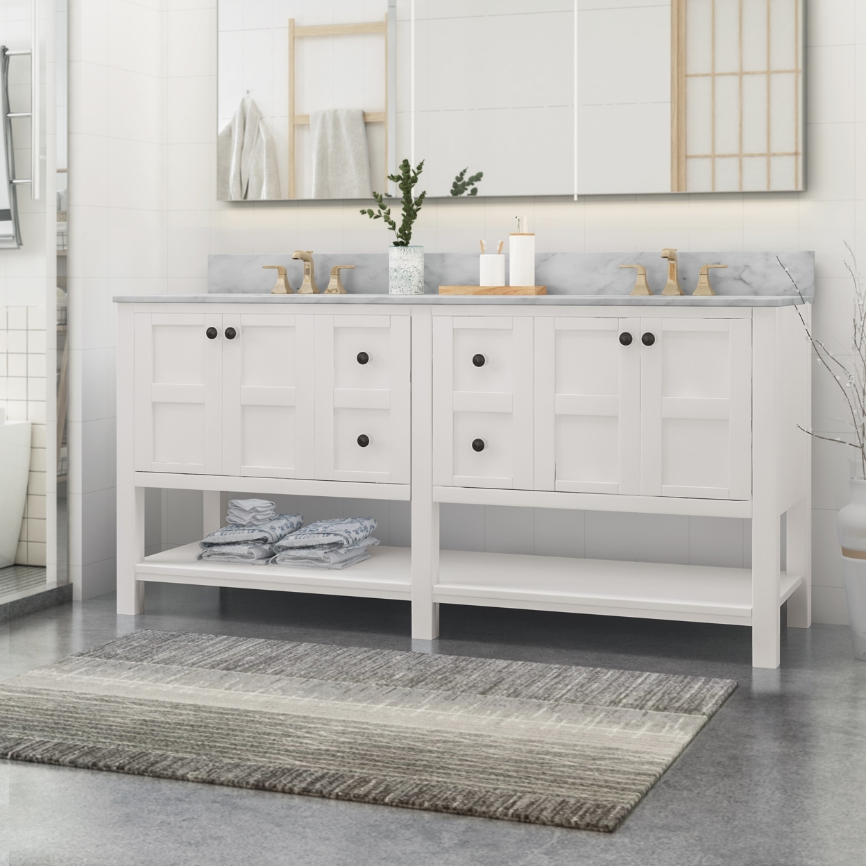 Jamison Contemporary 72 Wood Double Sink Bathroom Vanity With Marble Counter Top With Carrara White Marble - White