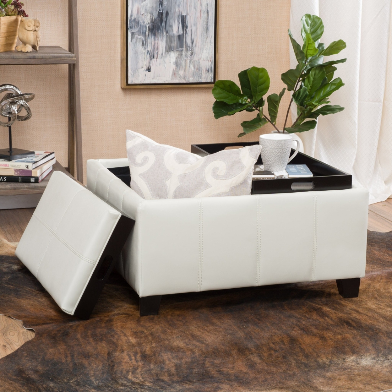 Justin 2-Tray-Top Ivory Leather Ottoman Coffee Table With Storage