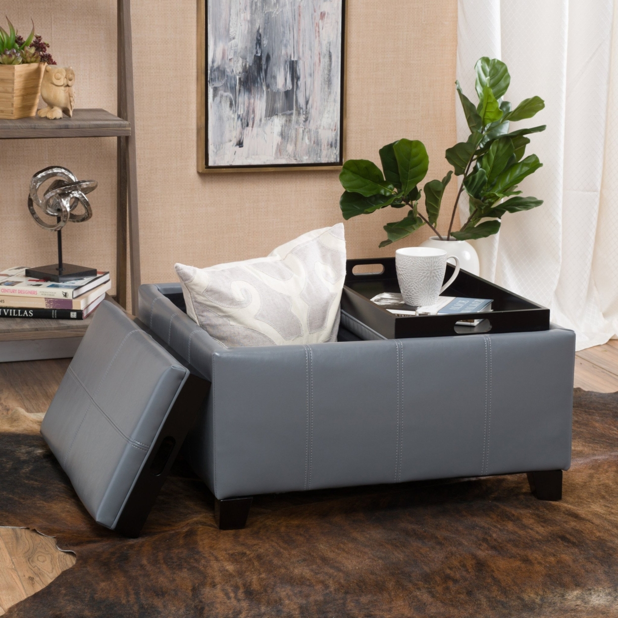 Justin 2-Tray-Top Gray Leather Ottoman Coffee Table With Storage