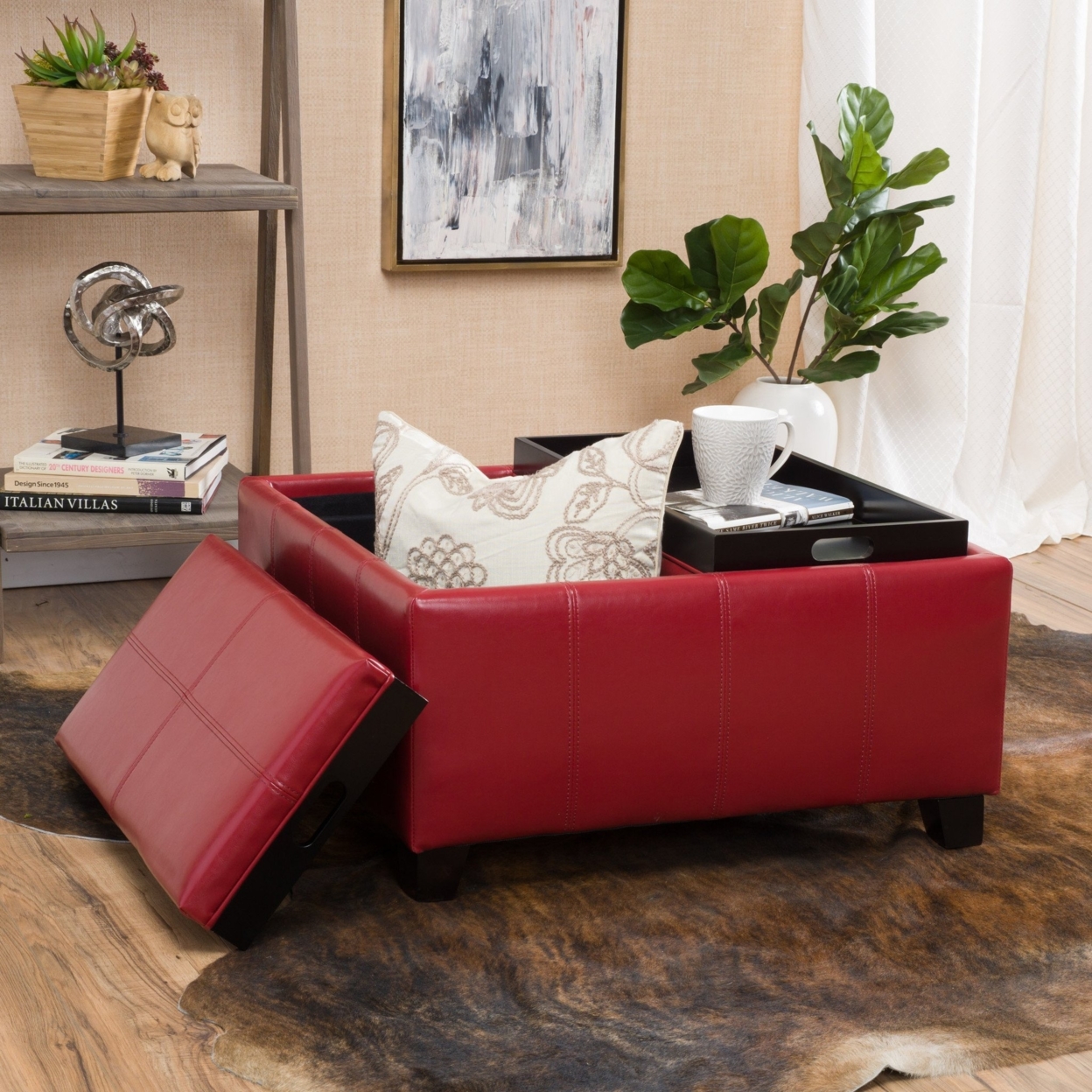 Justin 2-Tray-Top Red Ottoman Coffee Table With Storage