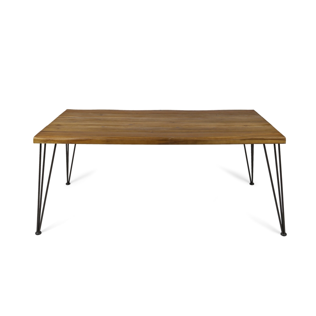 Kama Indoor Dining Table, Rectangular, 72, Acacia Wood Table Top, Rustic Iron Hairpin Legs, Teak Finish