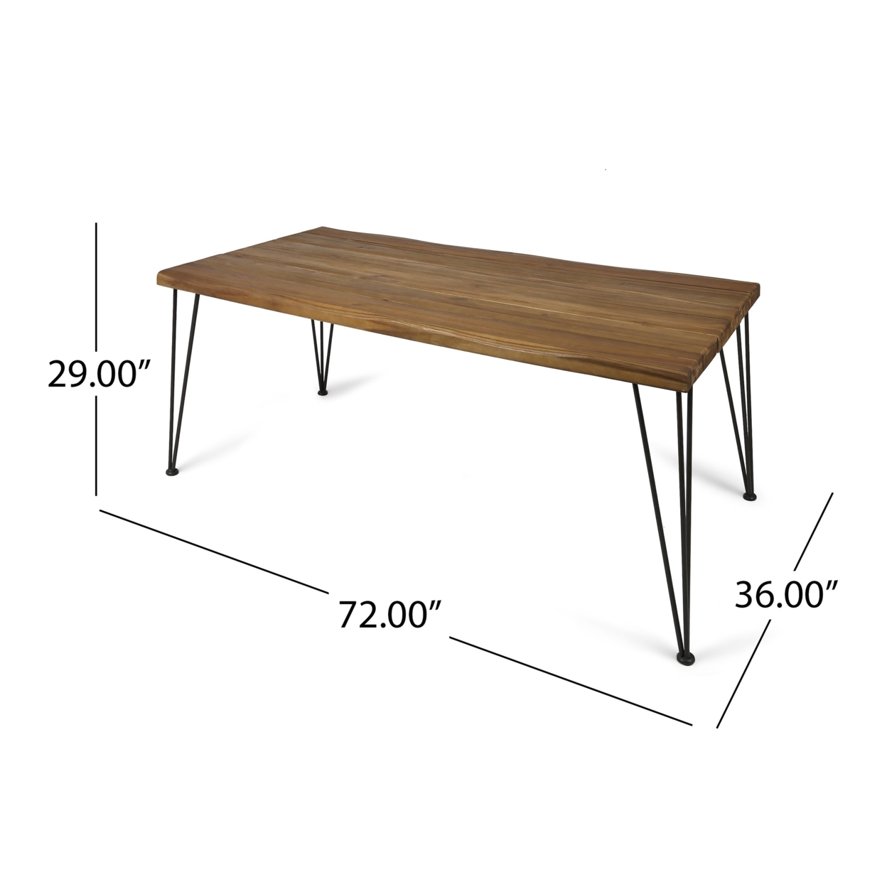 Kama Patio Dining Table, Rectangular, 72, Acacia Wood Table Top, Rustic Iron Hairpin Legs, Teak Finish