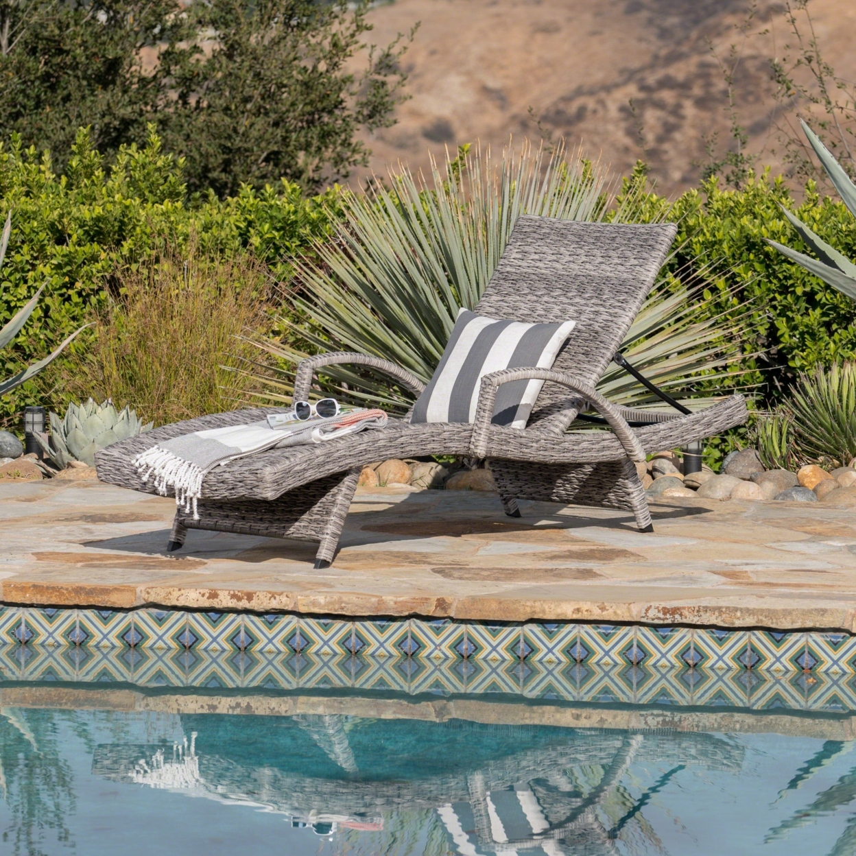 Keira Outdoor Armed Aluminum Framed Grey Wicker Chaise Lounge - Grey, Set Of 2