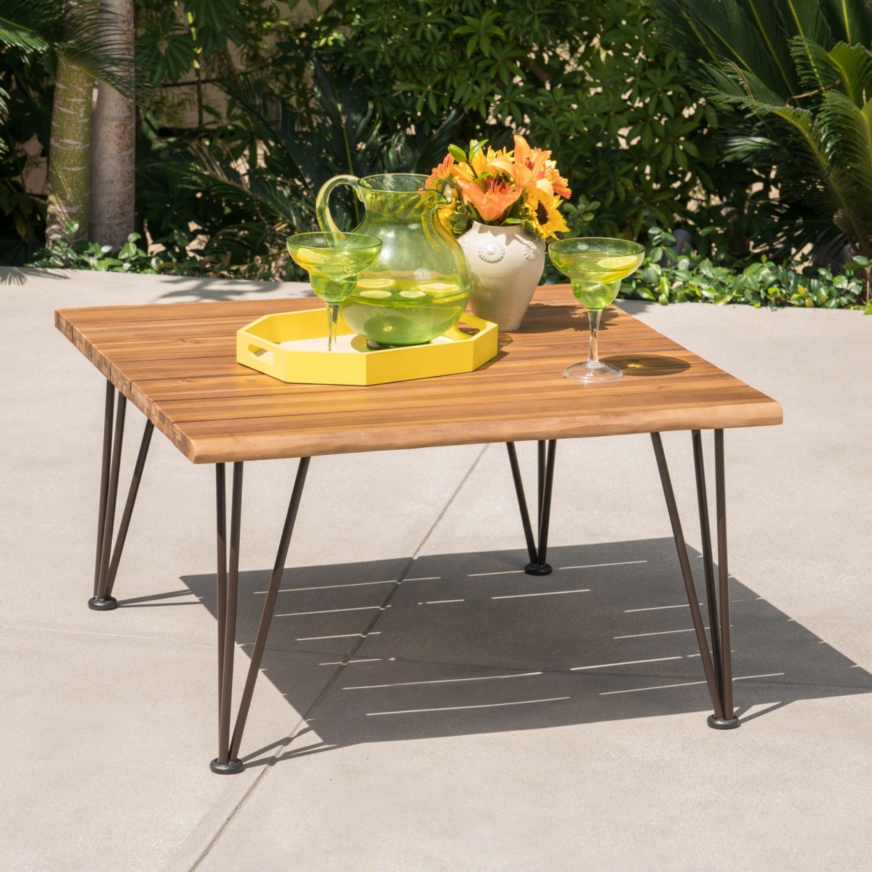 Keira Outdoor Rustic Industrial Acacia Wood Coffee Table With Metal Hairpin Legs