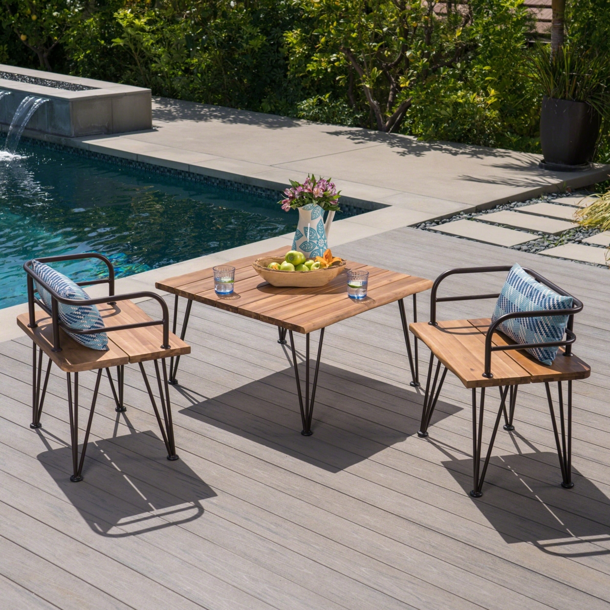 Keira Outdoor Rustic Industrial Acacia Wood Coffee Table Chat Set With Metal Hairpin Legs