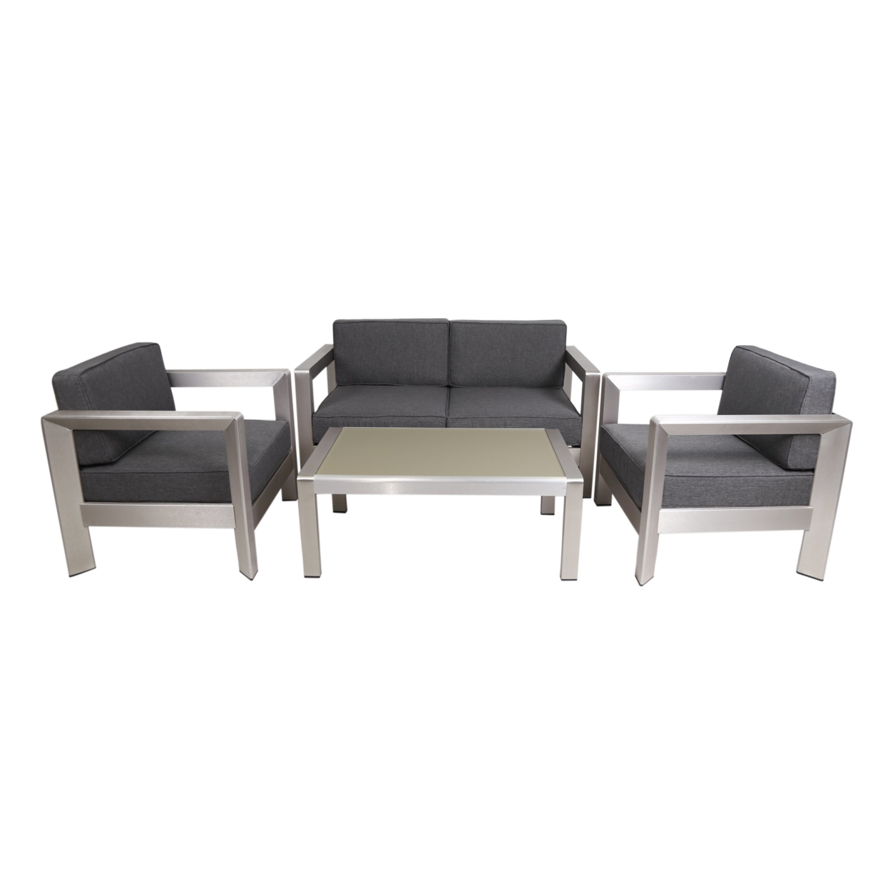 Kenia Outdoor 4-Seater Aluminum Chat Set With Tempered Glass-Topped Coffee Table, Silver And Gray