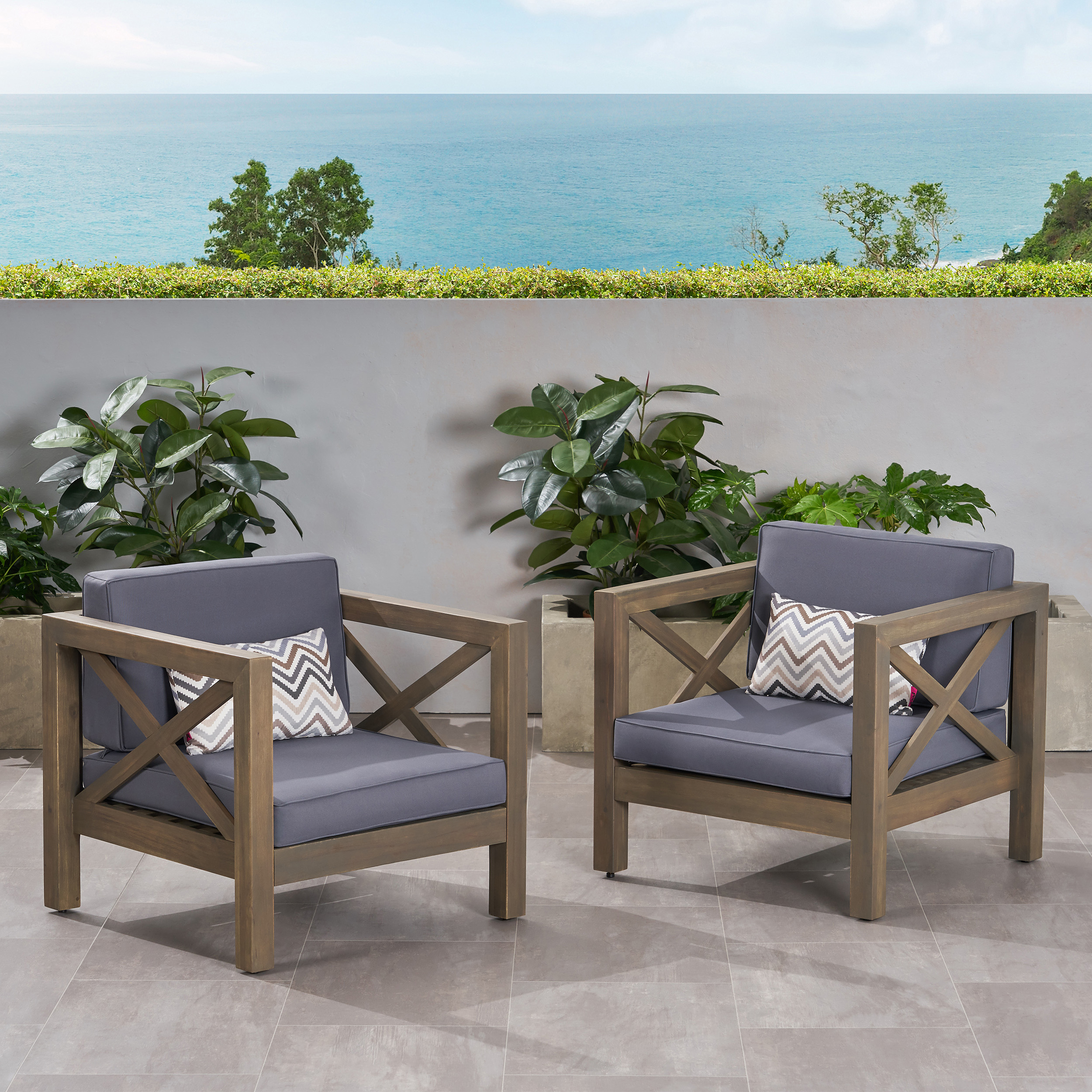 Indira Outdoor Acacia Wood Club Chairs With Cushions (Set Of 2) - Gray + Dark Gray