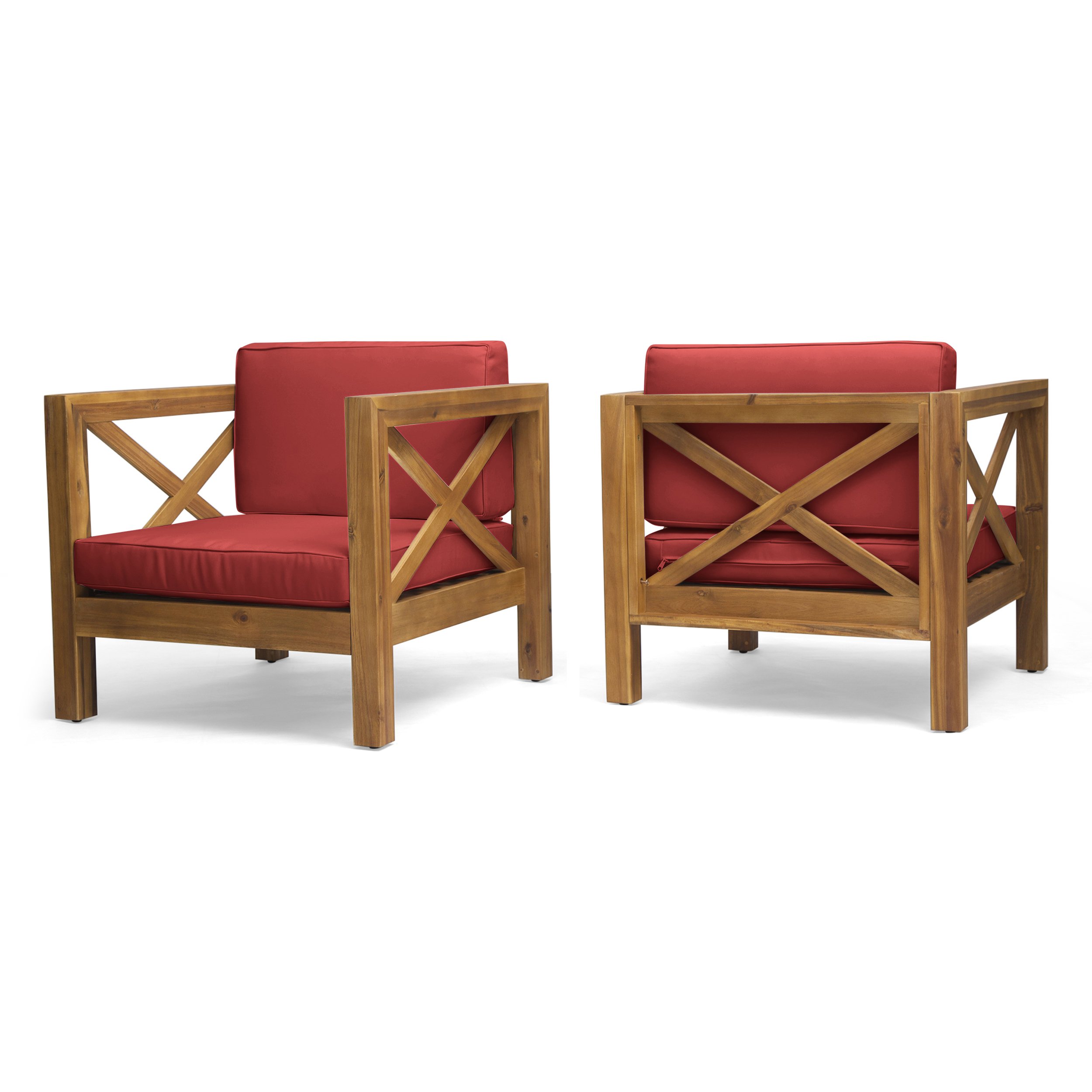 Indira Outdoor Acacia Wood Club Chairs with Cushions (Set of 2) - teak + red