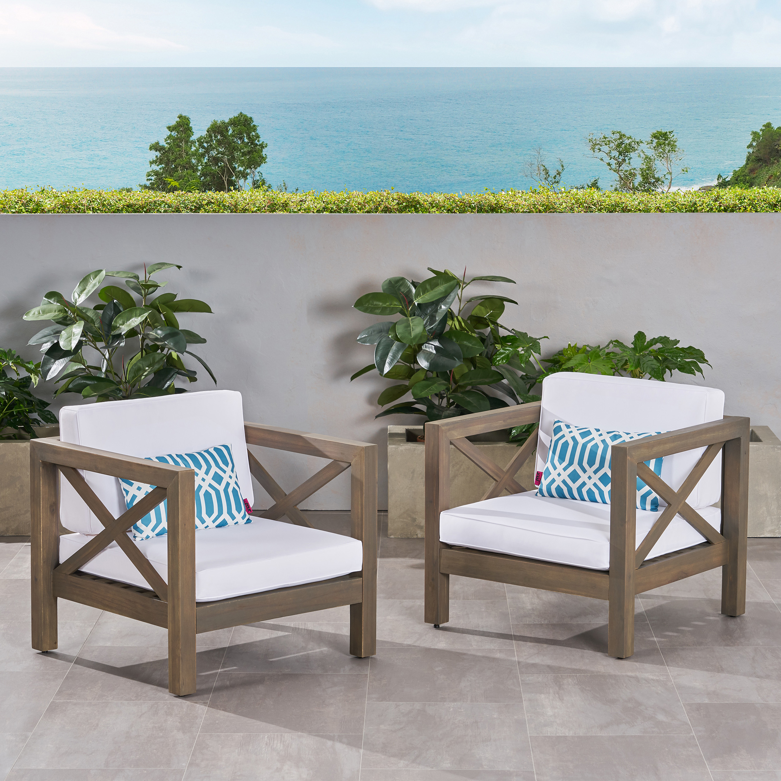 Indira Outdoor Acacia Wood Club Chairs With Cushions (Set Of 2) - Gray + White