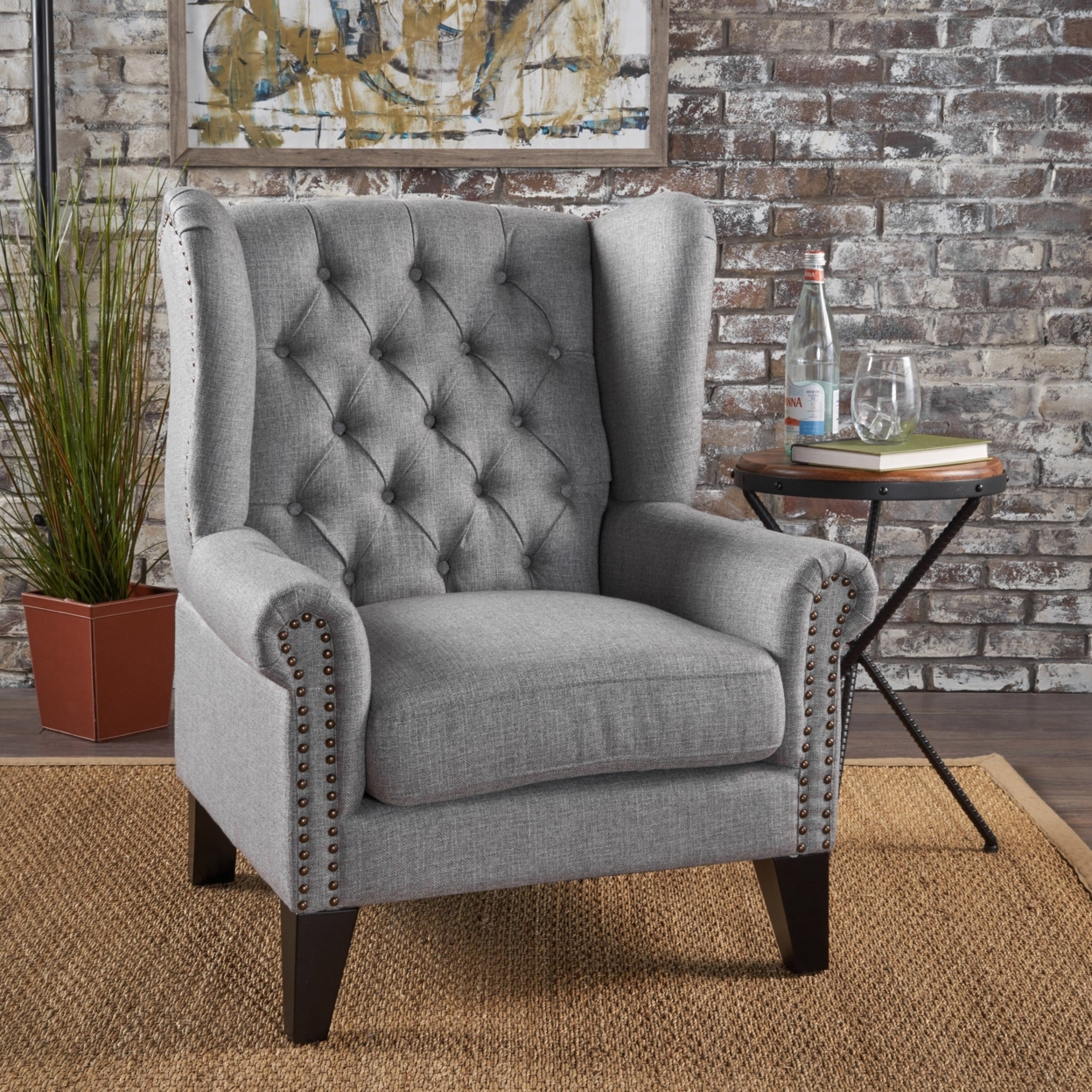 Lainie Traditional Tufted Winged Fabric Accent Chair - Gray