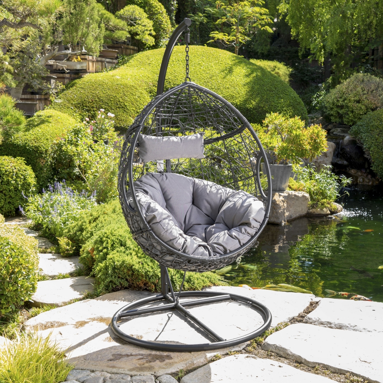Kyle Outdoor Wicker Hanging Basket Chair With Water Resistant Cushions And Base - Black/Gray