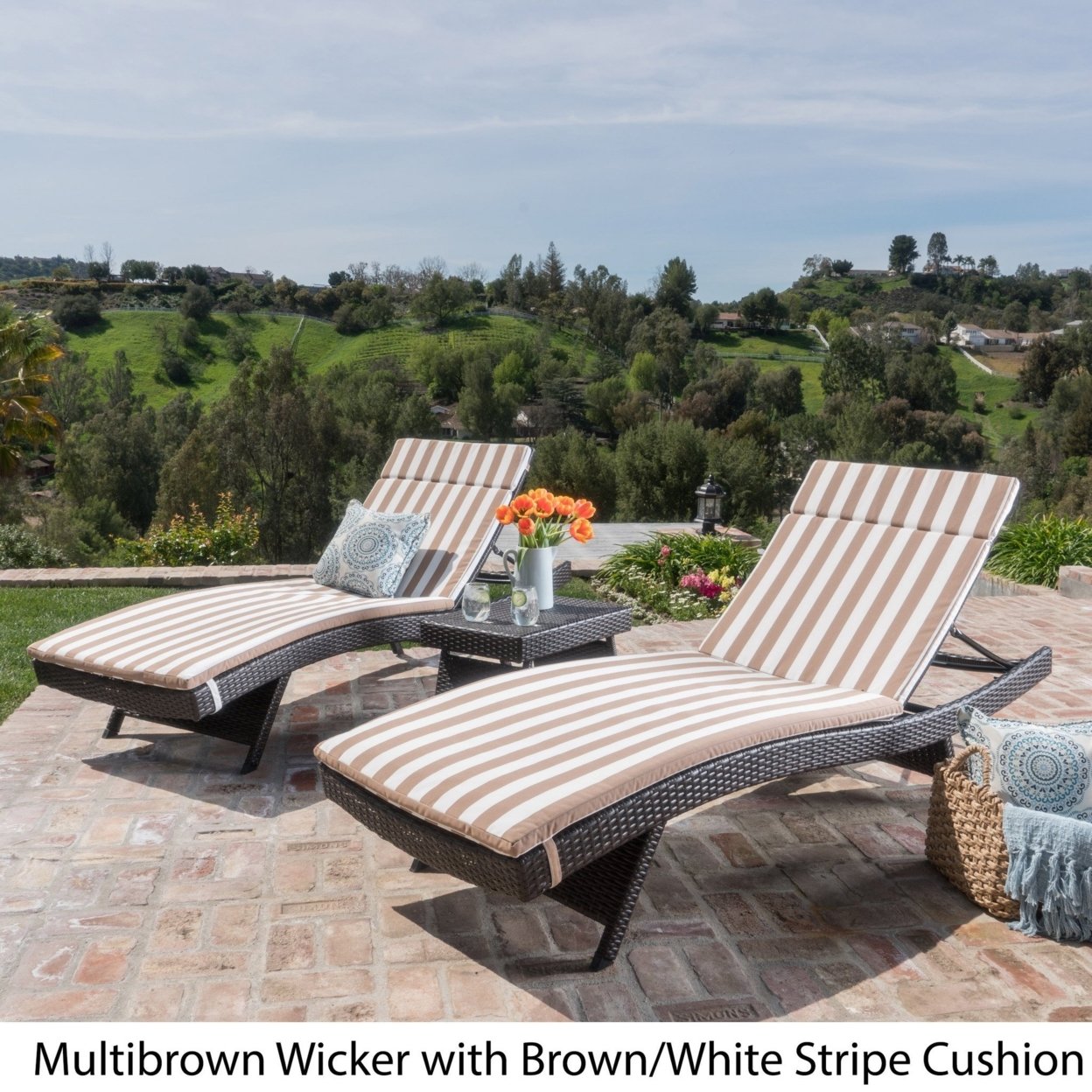 Lakeport 3pc Outdoor Wicker Chaise Lounge Chair & Table Set With Cushions - Brown/white Cushion, Gray