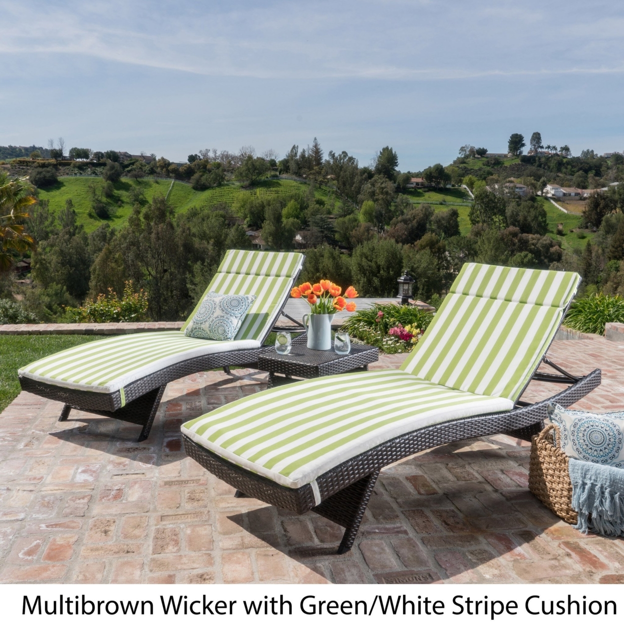 Lakeport 3pc Outdoor Wicker Chaise Lounge Chair & Table Set With Cushions - Green/white Cushion, Brown