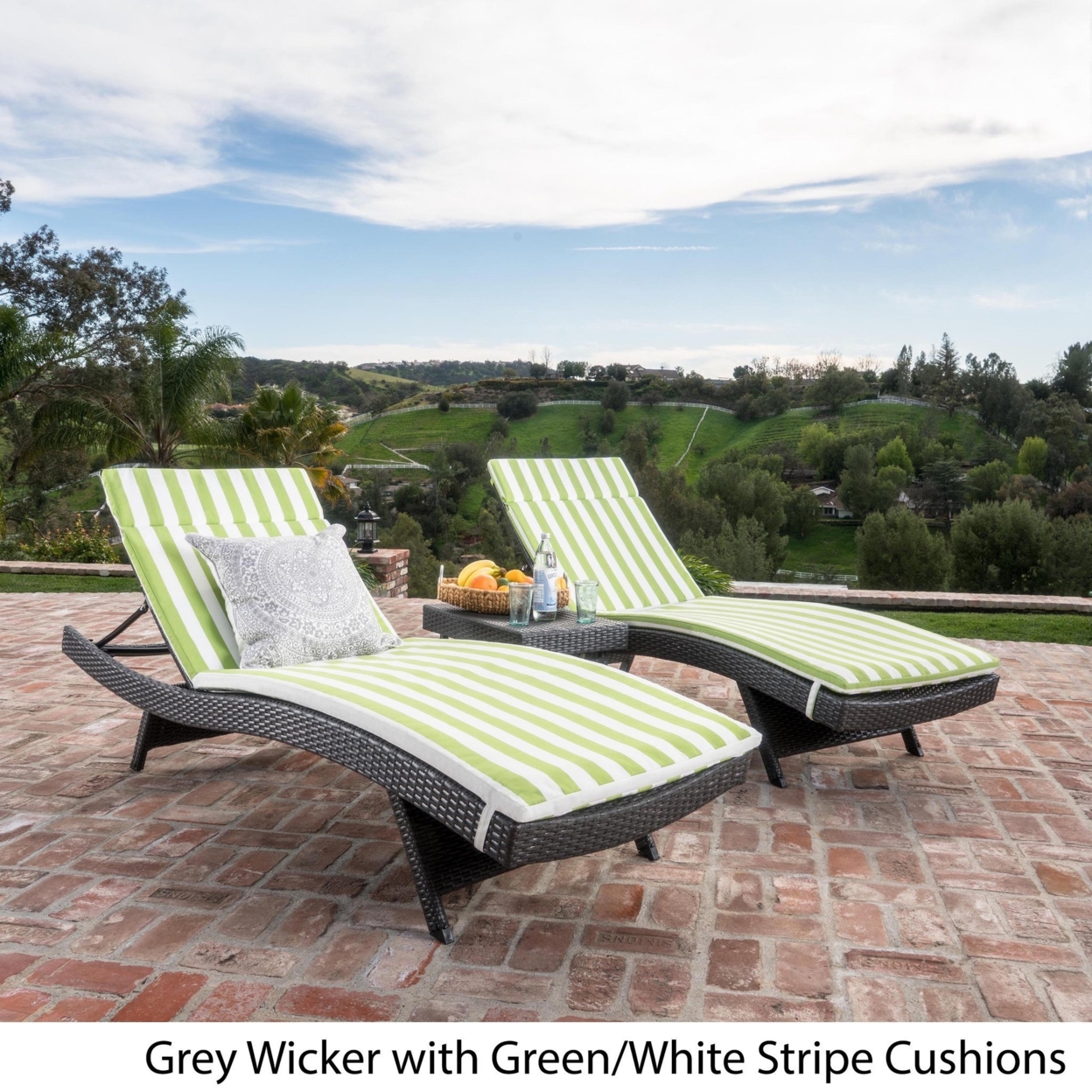 Lakeport 3pc Outdoor Wicker Chaise Lounge Chair & Table Set With Cushions - Bright Green Cushion, Gray