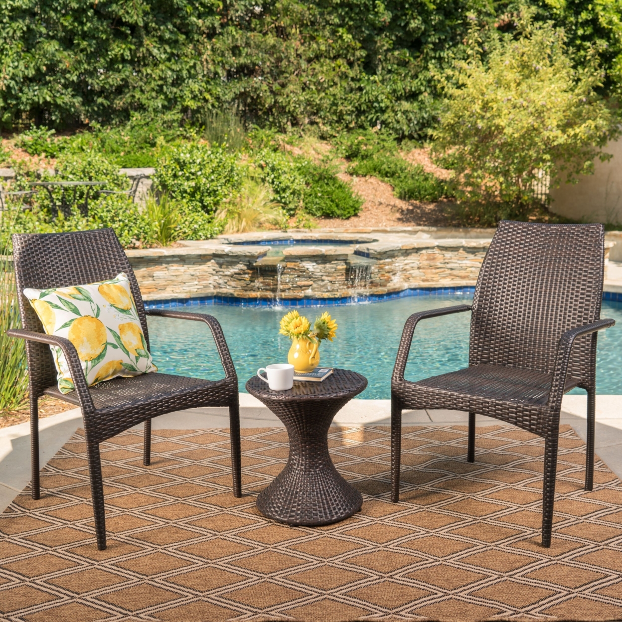 Landing Outdoor 3 Piece Multi-Brown Wicker Chat Set With Stacking Chairs