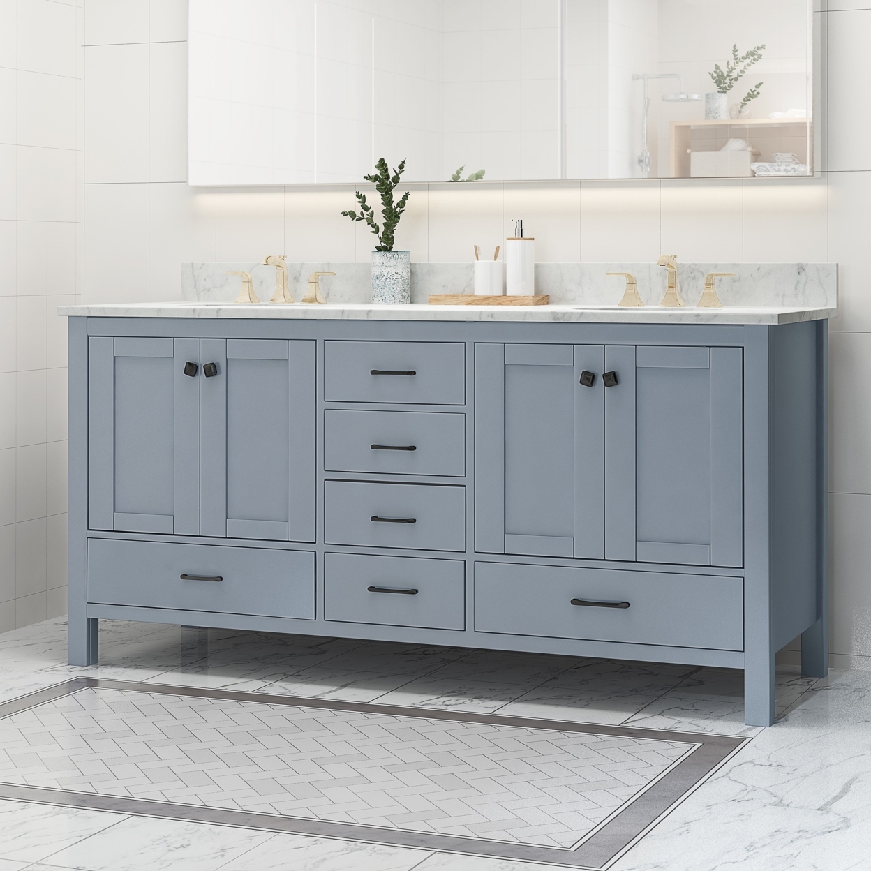 Laranne Contemporary 72 Wood Double Sink Bathroom Vanity With Marble Counter Top With Carrara White Marble - White