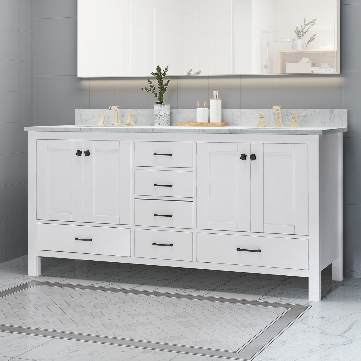 Laranne Contemporary 72 Wood Double Sink Bathroom Vanity With Marble Counter Top With Carrara White Marble - White