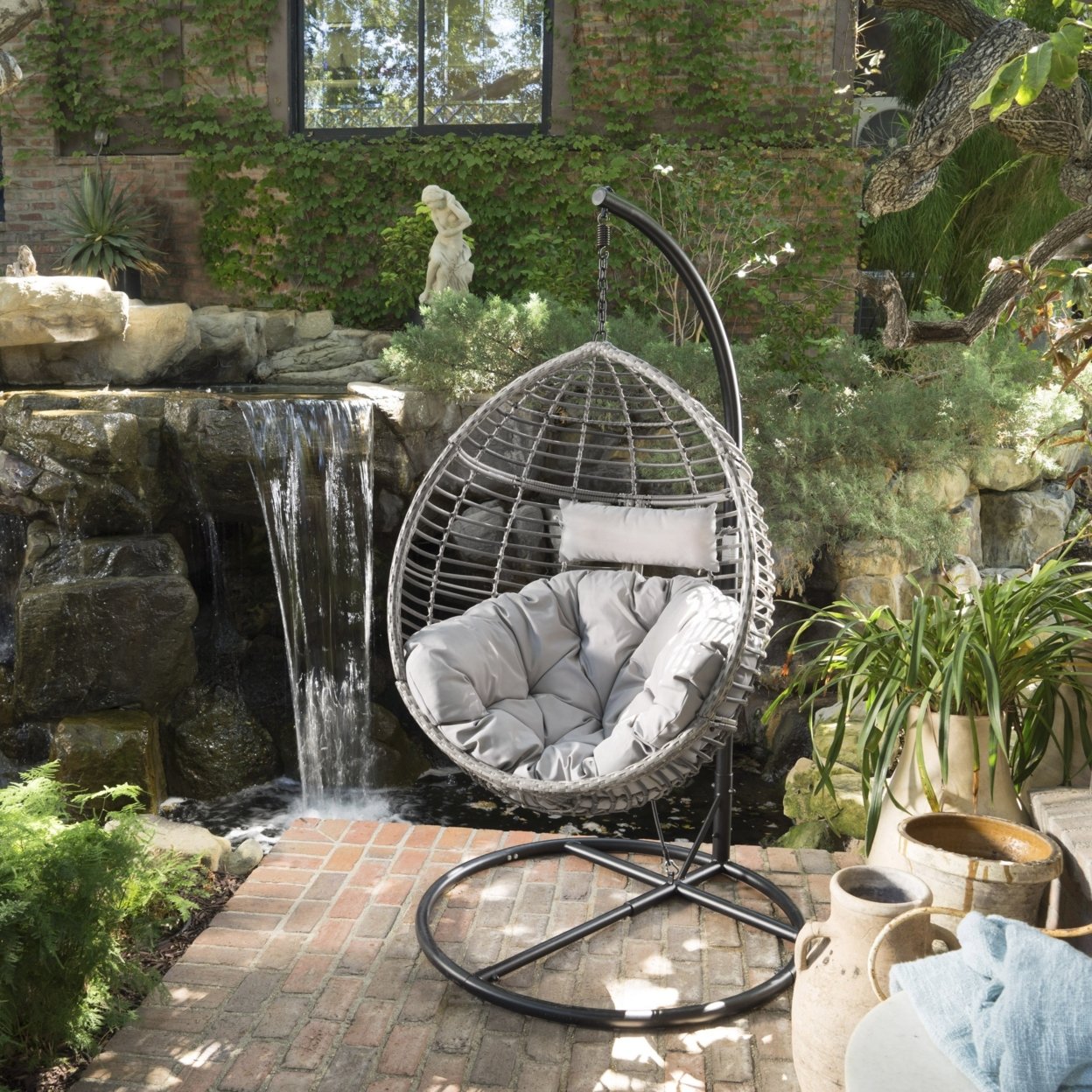 Leasa Outdoor Wicker Hanging Basket Chair With Water Resistant Cushions And Base - Gray Wicker