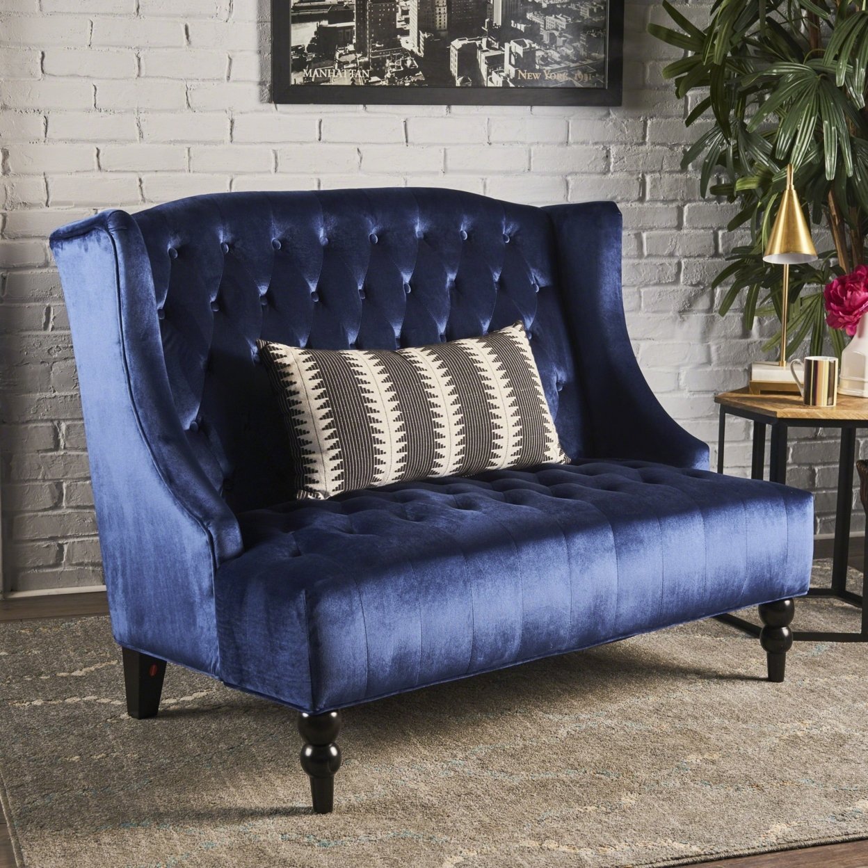 Leona Traditional High Back Tufted Winged Fabric Loveseat - Navy Blue