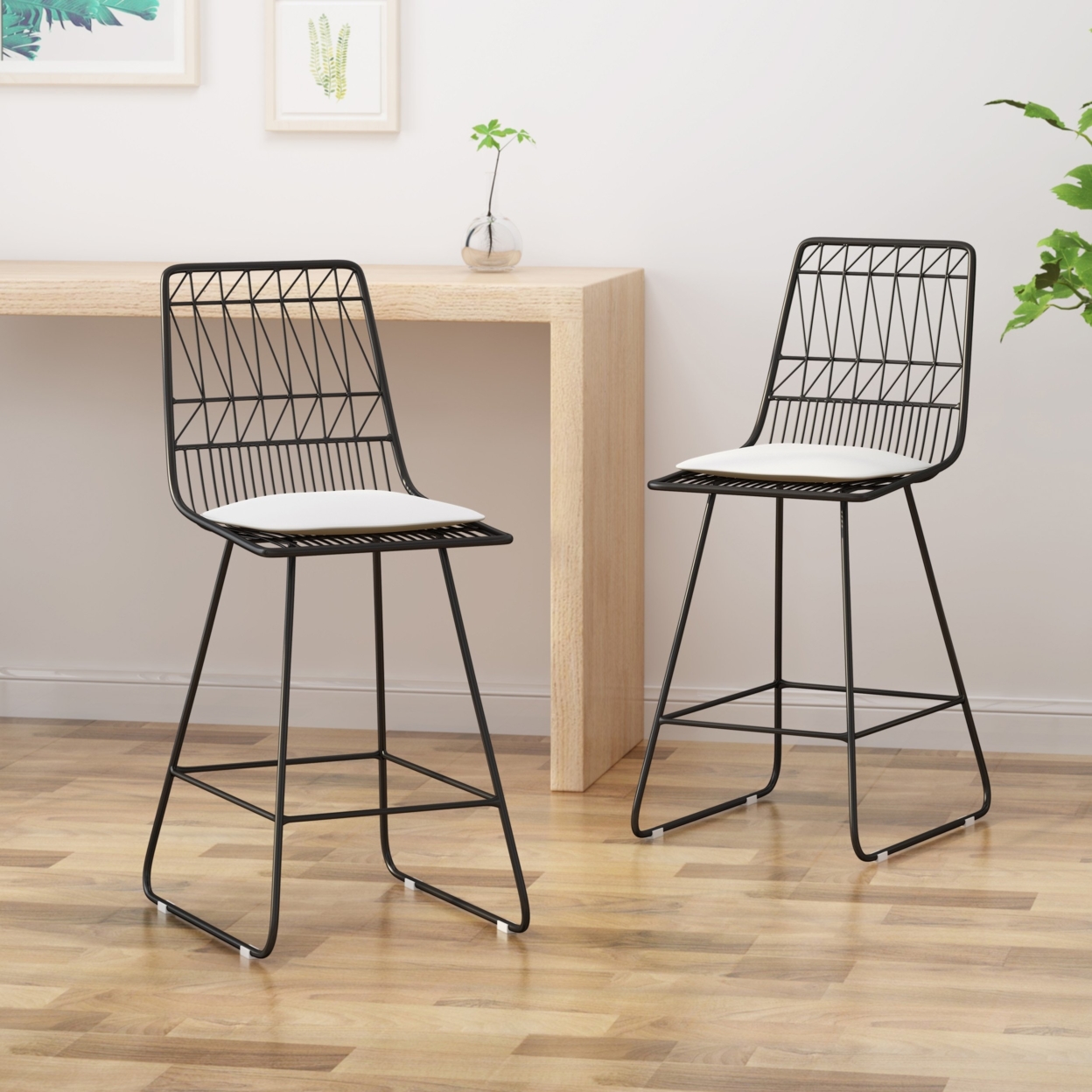 Lilith Counter Stools, 26 Seats, Modern, Geometric, Black Iron Frames With Ivory Cushion (Set Of 2)