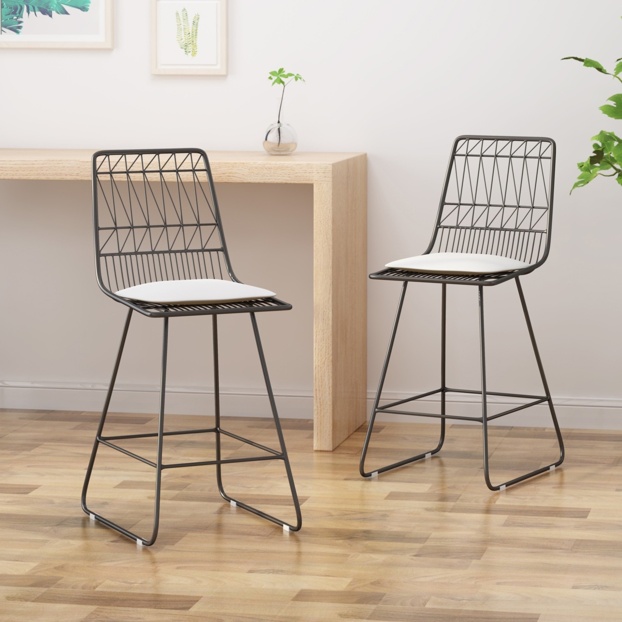 Lilith Counter Stools, 26 Seats, Modern, Geometric, Gray Iron Frames With Ivory Cushion (Set Of 2)