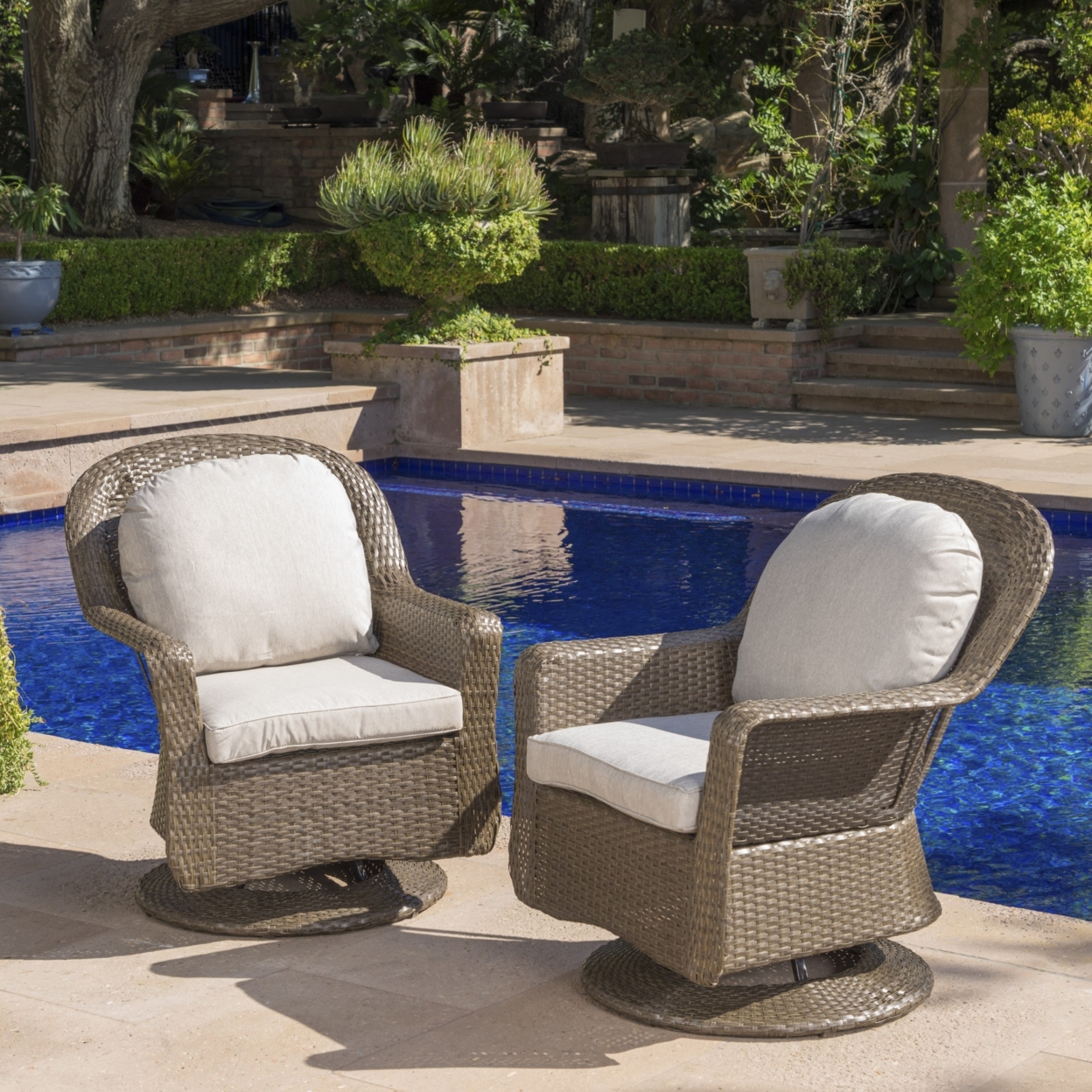 Linsten Outdoor Wicker Swivel Club Chairs With Water Resistant Cushions - Default, Set Of 2