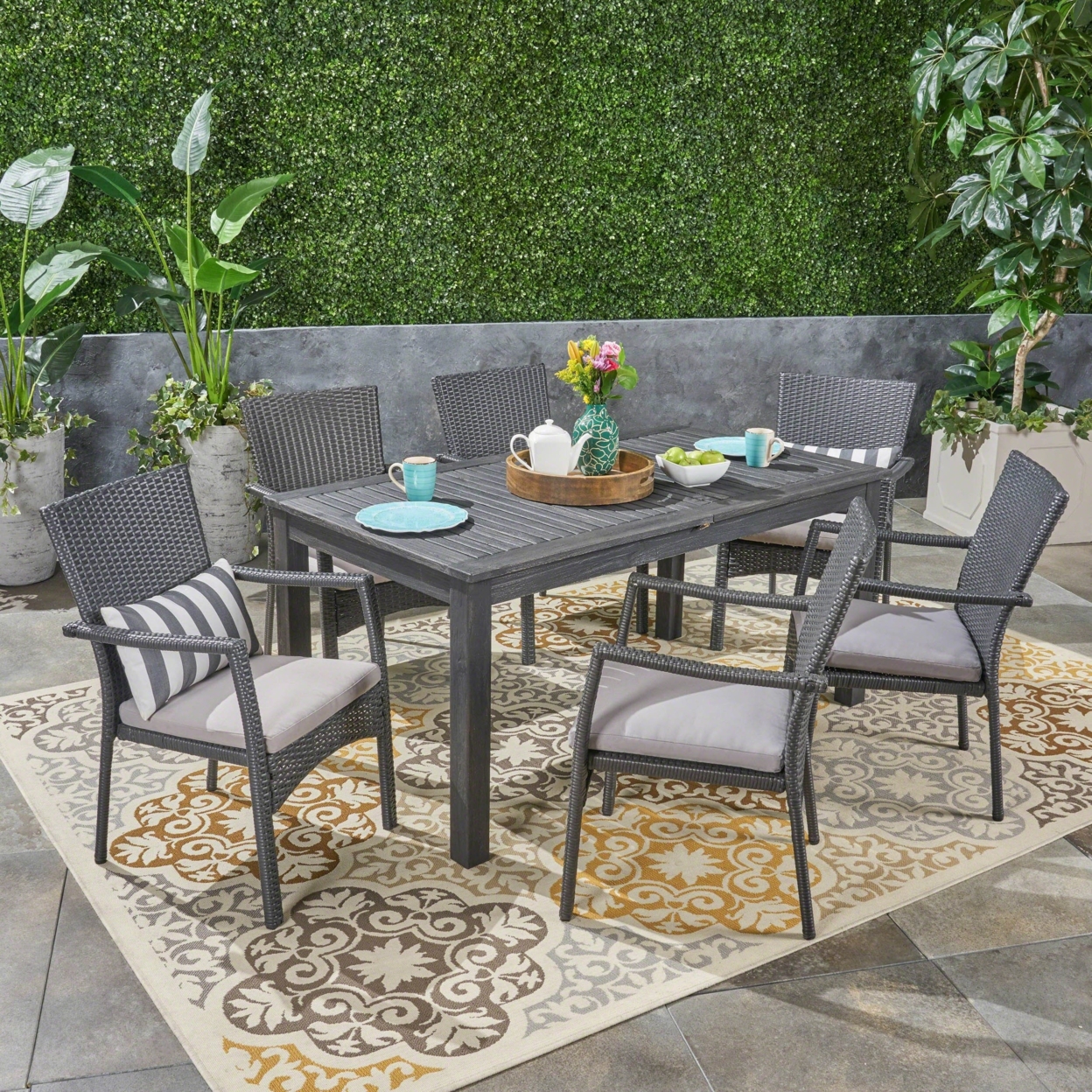 Louis Outdoor 7 Piece Wood And Wicker Expandable Dining Set - Gray + Gray, Set Of 7