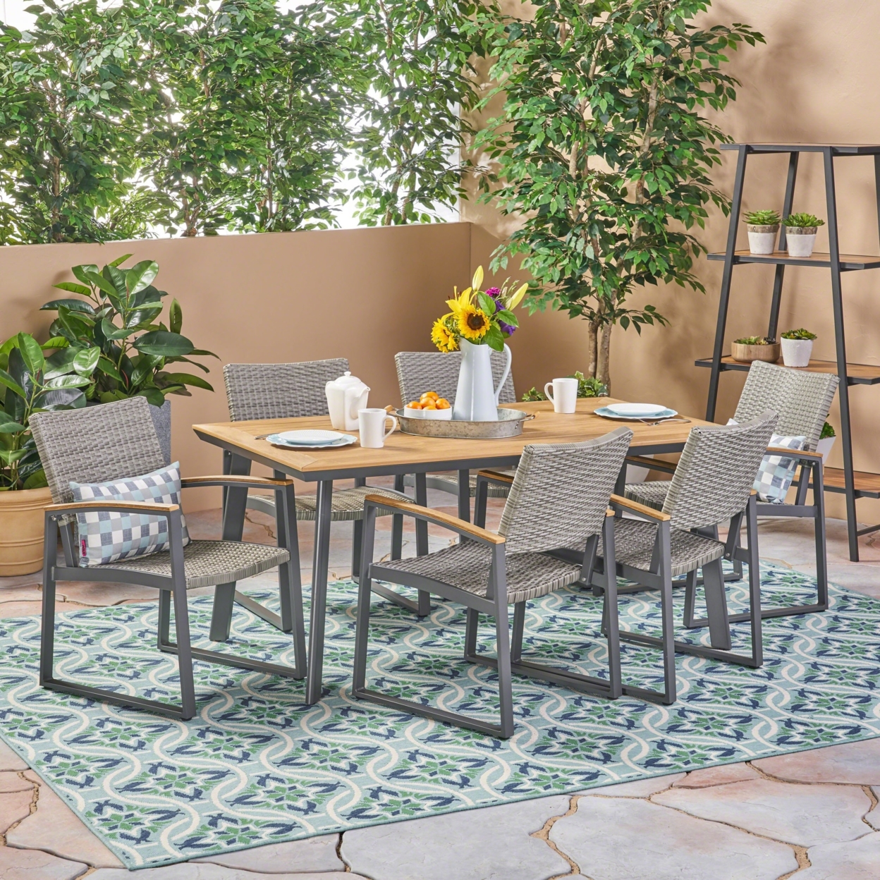 Loren Outdoor 7 Piece Aluminum And Wicker Dining Set With Wood Top, Natural Finish And Gray