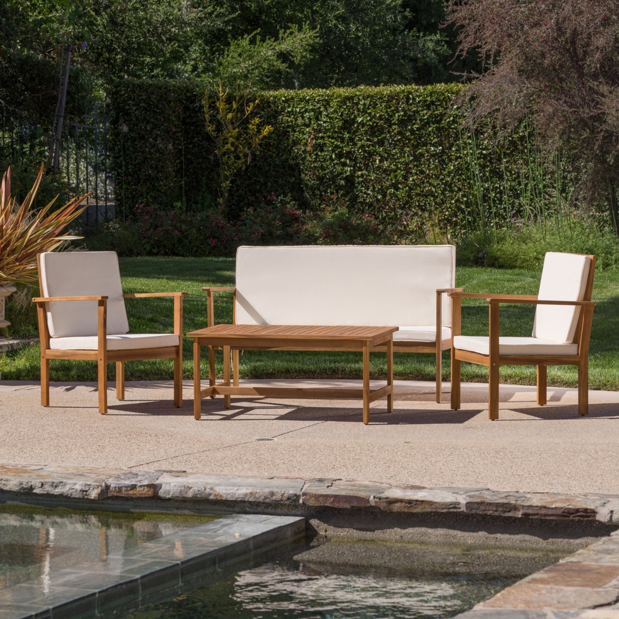 Luciano Outdoor Acacia Wood Chat Set With Water Resistant Cushions - Brown Patina, Cream